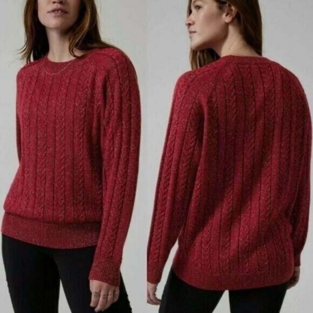 NWT $149 Athleta XS Crossroads Crewneck Cable Knit Red Metallic Sweater Holiday
